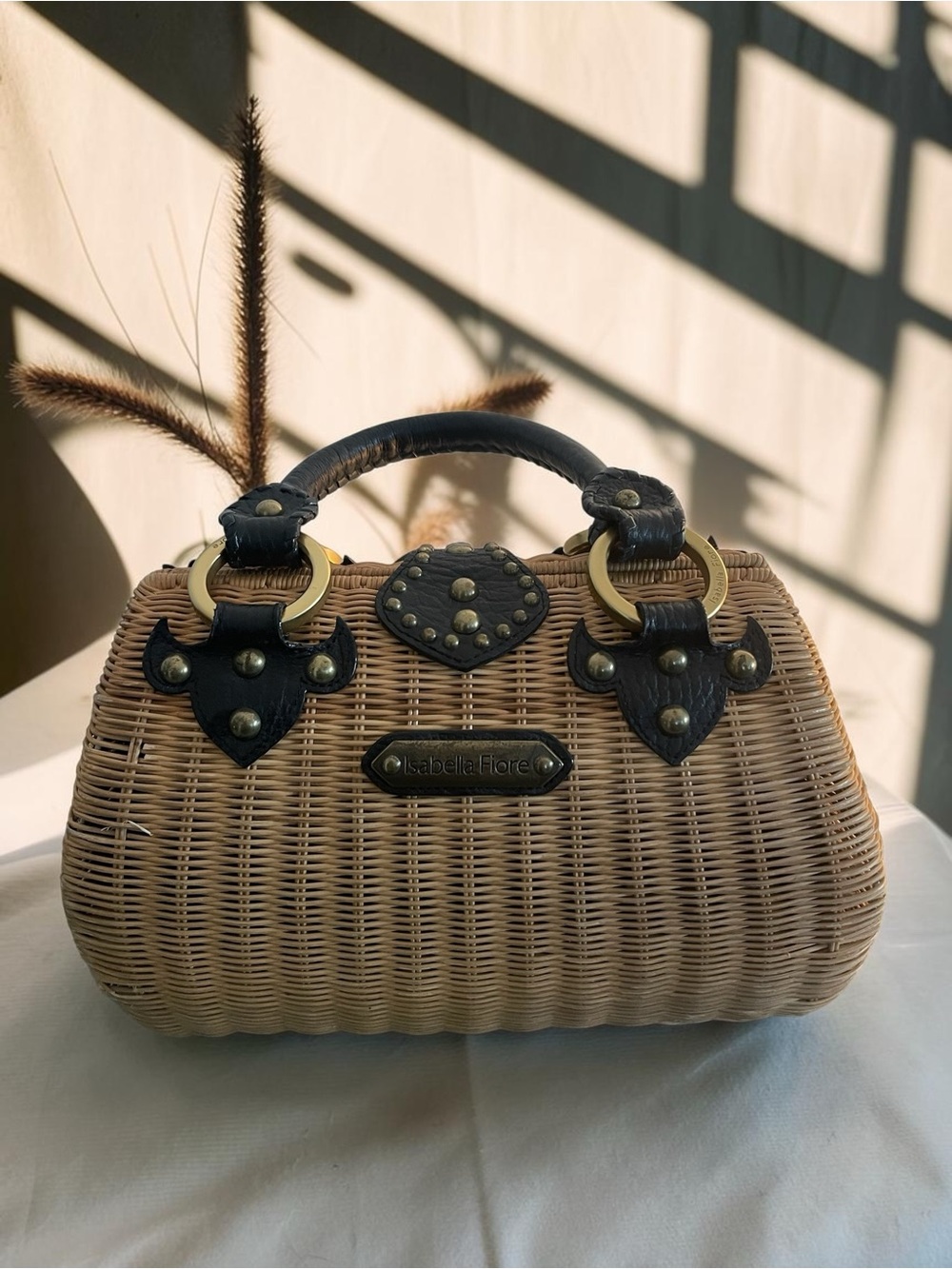 Isabella Fiore Wicker Woven Barrel Satchel Black Studded Leather Bag - Picture 2 of 7